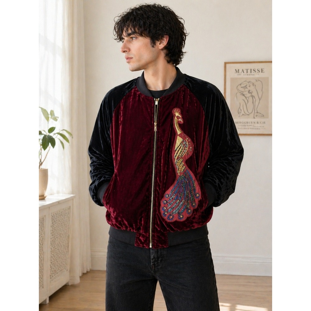 Laboratory Mens Velvet Bomber Peacock Embroidered Jacket M Retro Glam Statement